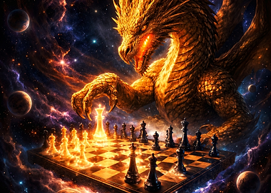 Dragon playing chess in space
