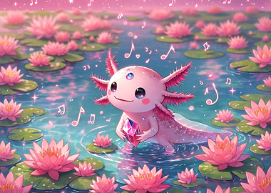 Cute Axolotl with Crystal in Lotus Pond
