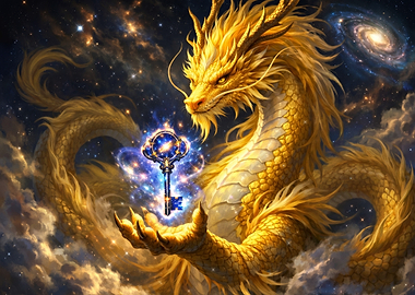 Golden Dragon Holding a Cosmic Key