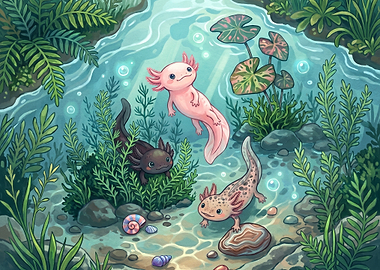 Cute Axolotls in a Stream