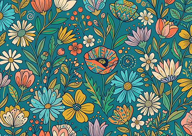 Vibrant Floral Pattern on Teal Background