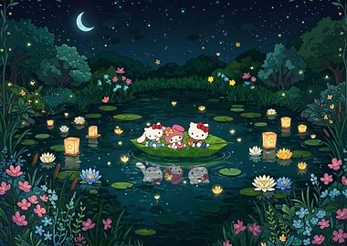 Hello Kitty and friends on a leaf boat at night