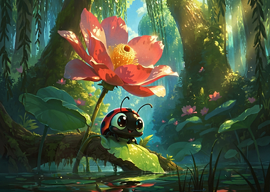 Cute Ladybug Under a Lotus Flower