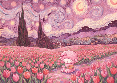 Cute Sheep Painting Starry Night Tulips