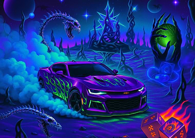 Purple Camaro with Neon Flames in Alien Landscape