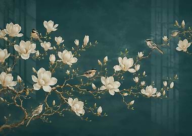 Birds and Magnolias on Teal Background