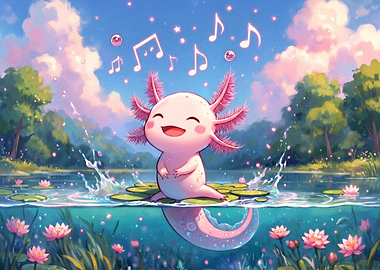 Cute Axolotl Singing in a Pond