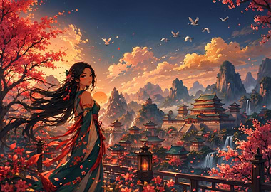 Anime Girl in Cherry Blossom Landscape