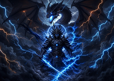 Dragon and Warrior in Lightning Storm