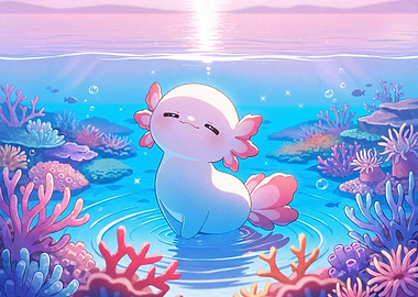 Cute Axolotl in Coral Reef