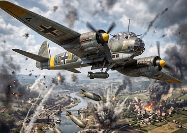 WWII Bomber Dropping Bombs on Town