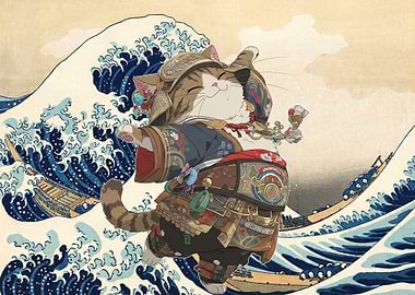 Cat in Traditional Japanese Attire Amidst Great Waves