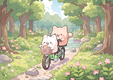 Cute Cats Riding a Bicycle in Nature