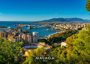 Malaga cityscape with bullring and harbor