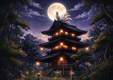 Kitsune on Pagoda Under Full Moon