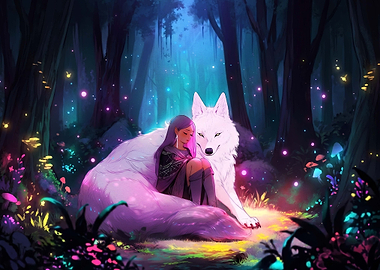 Girl and White Wolf in Enchanted Forest