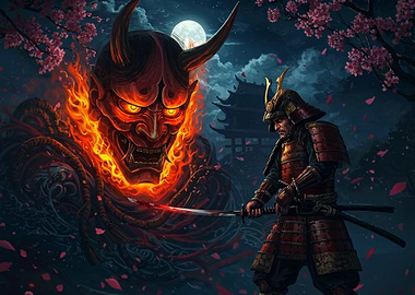 Samurai Battles Fiery Oni Mask