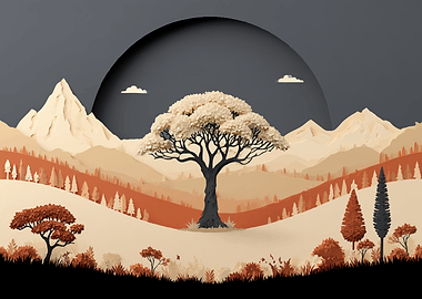 Papercut Landscape with Tree and Mountains