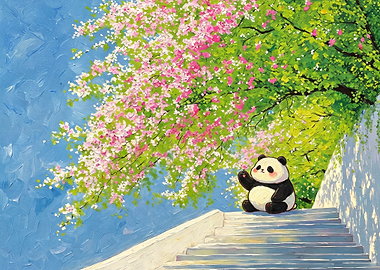 Cute Panda Waving on Stairs Under Cherry Blossoms