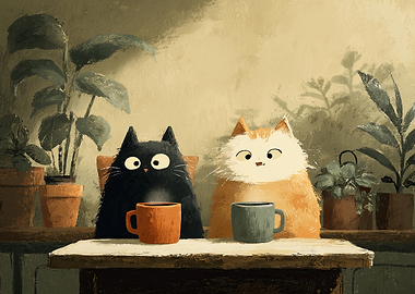 Two cats with coffee cups