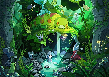 Hollow Knight characters in a lush forest