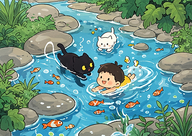 Cute Cats and Child Swimming in a Stream
