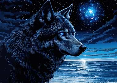 Wolf under the starry night sky