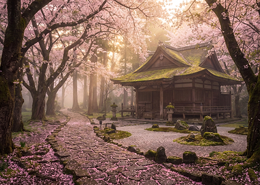 Japanese Temple in Cherry Blossom Season