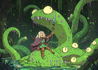 Elf Warrior Fights Swamp Monster