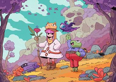 Fantasy characters in a whimsical landscape