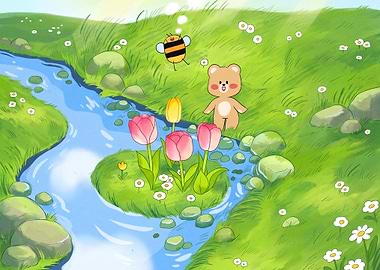 Cute Bear and Bee in a Meadow