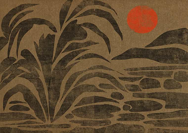 Stylized Landscape with Red Sun