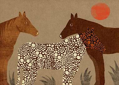 Three horses in a stylized landscape