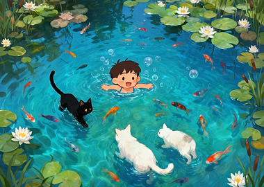 Child Swimming with Cats and Fish