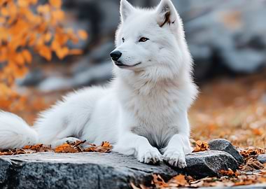 White wolf in autumn forest