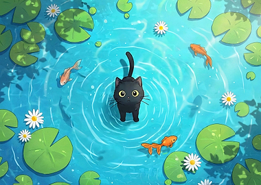 Cute Black Cat Watching Goldfish