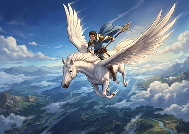 Man Riding a Pegasus Over Mountains