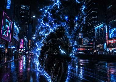 Cyberpunk Wolf Rider in Neon City