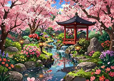 Serene Japanese Garden with Cherry Blossoms