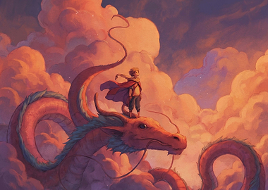 Boy Riding a Dragon Through Clouds