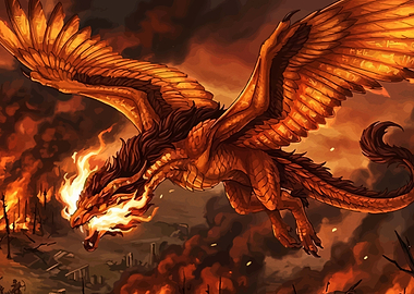 Fiery Dragon Over Burning City