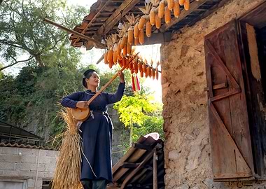 Woman playing traditional instrument with corn