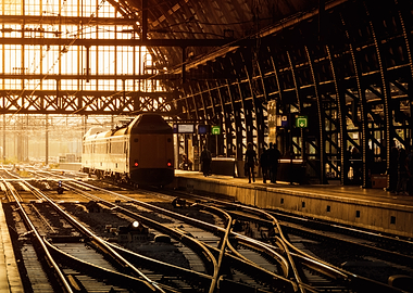 railway station Amsterdam Central at sunset