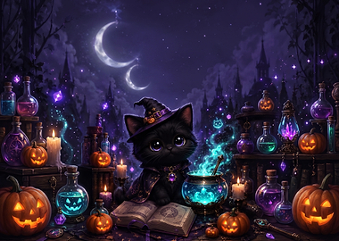 Cute Witch Cat with Halloween Decor