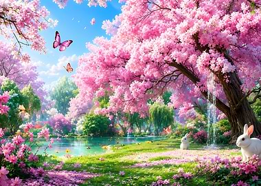 Enchanting Spring Scene with Cherry Blossoms and Rabbits