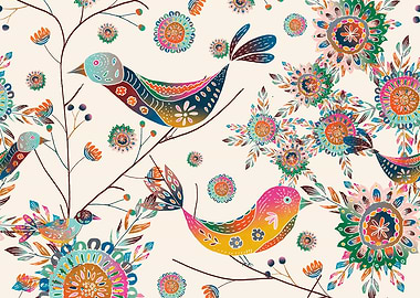 Whimsical Birds and Flowers Pattern