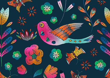 Colorful Folk Art Bird and Butterflies