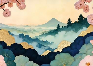 Misty Mountain Landscape with Cherry Blossoms