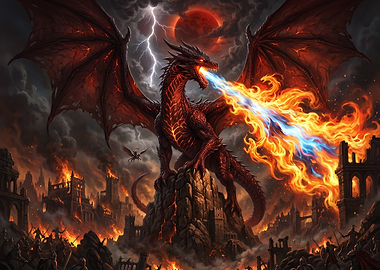 Dragon Breathing Fire Over Burning City