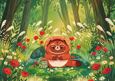 Cute Tanuki and Frog in a Forest